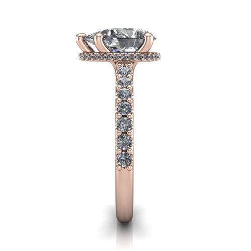 Nadia pear hidden halo engagement ring in 14K Rose Gold, side profile showing the hidden pave halo under the center stone and pave diamonds running continuously around the shank