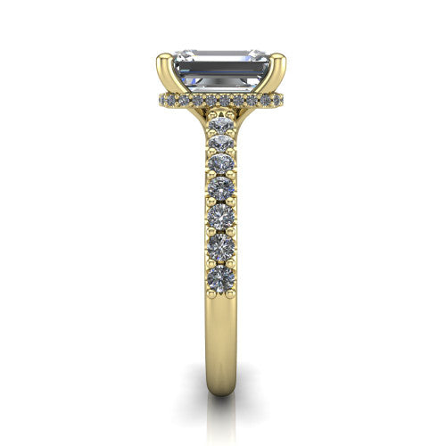 Nadia emerald hidden halo engagement ring in 14K Yellow Gold, side profile showing the hidden pave halo under the center stone and pave diamonds running continuously around the shank