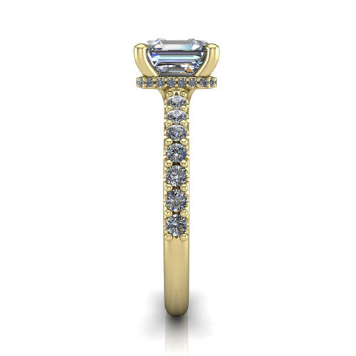 Nadia square emerald hidden halo engagement ring in 18K Yellow Gold, side profile showing the hidden pave halo under the center stone and pave diamonds running continuously around the shank