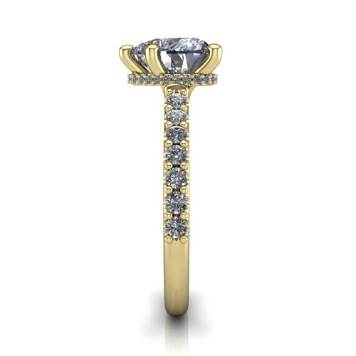 Nadia heart hidden halo engagement ring in 14K Yellow Gold, side profile showing the hidden pave halo under the center stone and pave diamonds running continuously around the shank