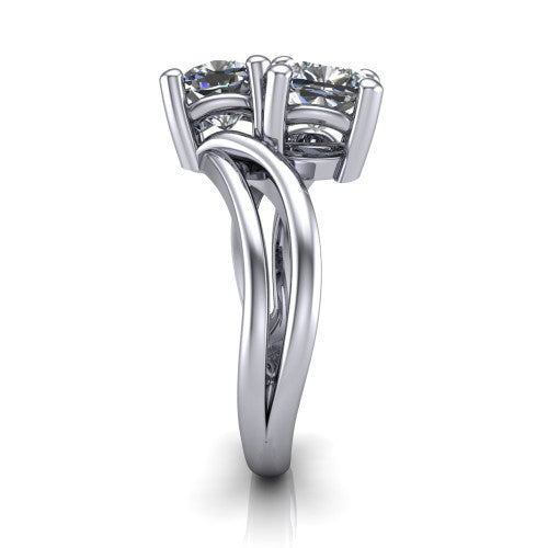 Lexi cushion three stone engagement ring in 14K White Gold, side profile showing the bypass split shank arms continuing as separate slim plain bands