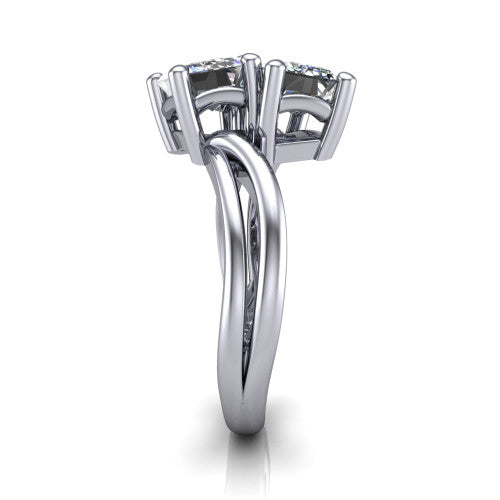 Lexi emerald three stone engagement ring in Platinum, side profile showing the bypass split shank arms continuing as separate slim plain bands