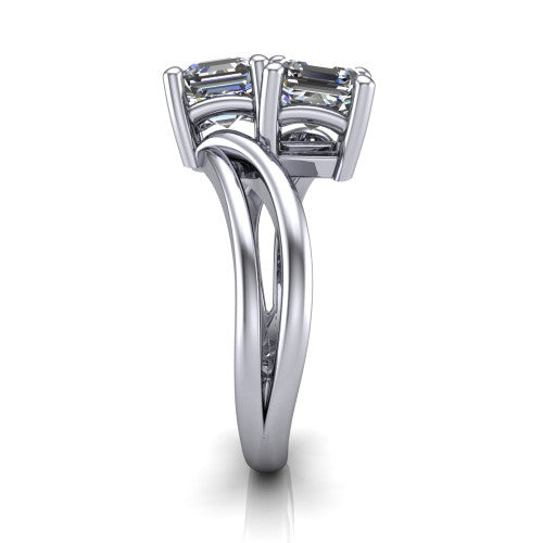 Lexi square emerald three stone engagement ring in 14K White Gold, side profile showing the bypass split shank arms continuing as separate slim plain bands