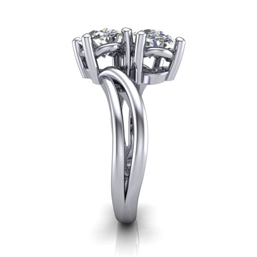 Lexi oval three stone engagement ring in 18K White Gold, side profile showing the bypass split shank arms continuing as separate slim plain bands
