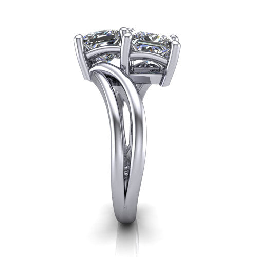 Lexi princess three stone engagement ring in 14K White Gold, side profile showing the bypass split shank arms continuing as separate slim plain bands
