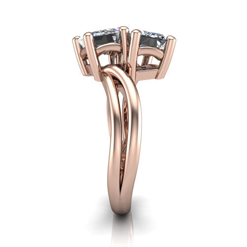 Lexi emerald three stone engagement ring in 14K Rose Gold, side profile showing the bypass split shank arms continuing as separate slim plain bands