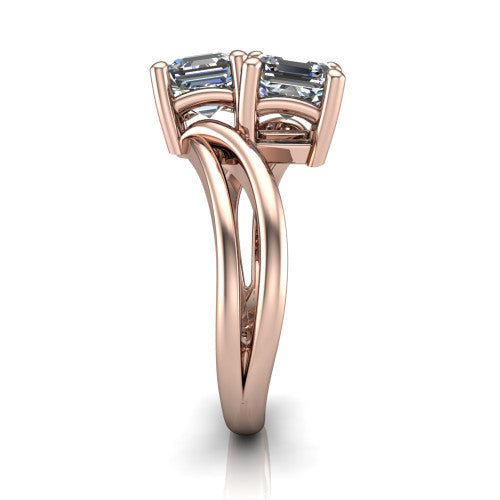 Lexi square emerald three stone engagement ring in 18K Rose Gold, side profile showing the bypass split shank arms continuing as separate slim plain bands