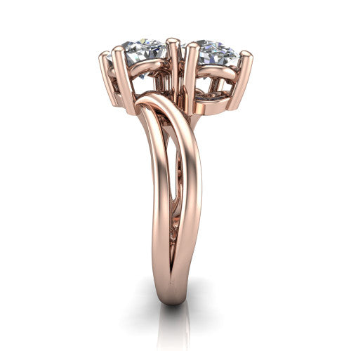 Lexi oval three stone engagement ring in 14K Rose Gold, side profile showing the bypass split shank arms continuing as separate slim plain bands