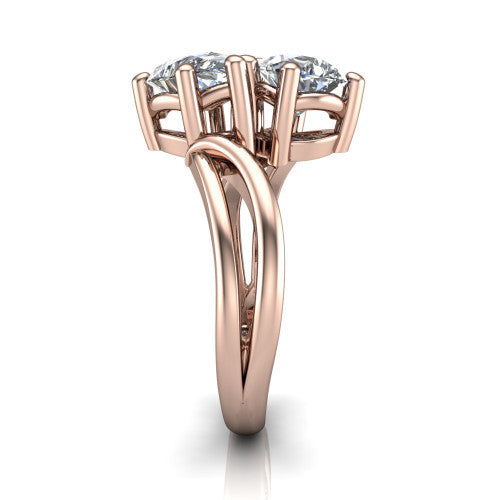 Lexi pear three stone engagement ring in 18K Rose Gold, side profile showing the bypass split shank arms continuing as separate slim plain bands