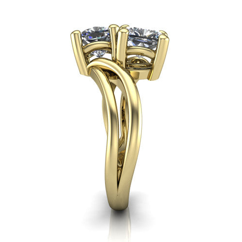 Lexi cushion three stone engagement ring in 14K Yellow Gold, side profile showing the bypass split shank arms continuing as separate slim plain bands