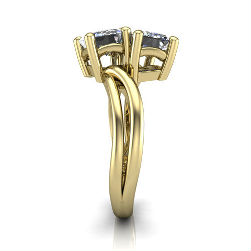 Lexi emerald three stone engagement ring in 14K Yellow Gold, side profile showing the bypass split shank arms continuing as separate slim plain bands