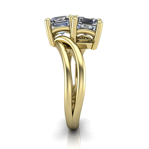 Lexi square emerald three stone engagement ring in 18K Yellow Gold, side profile showing the bypass split shank arms continuing as separate slim plain bands