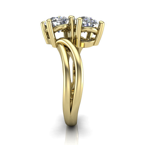 Lexi oval three stone engagement ring in 18K Yellow Gold, side profile showing the bypass split shank arms continuing as separate slim plain bands