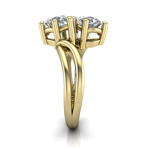 Lexi pear three stone engagement ring in 18K Yellow Gold, side profile showing the bypass split shank arms continuing as separate slim plain bands