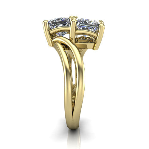 Lexi princess three stone engagement ring in 18K Yellow Gold, side profile showing the bypass split shank arms continuing as separate slim plain bands