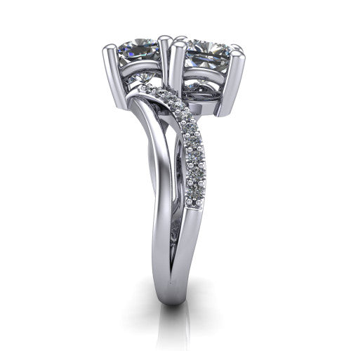 Julieta cushion three stone engagement ring in 14K White Gold, side profile showing the bypass split shank arms with pave diamonds running along both bands