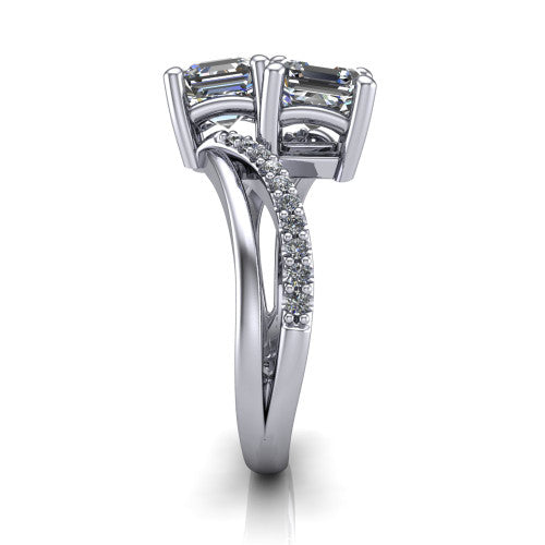 Julieta square emerald three stone engagement ring in 14K White Gold, side profile showing the bypass split shank arms with pave diamonds running along both bands