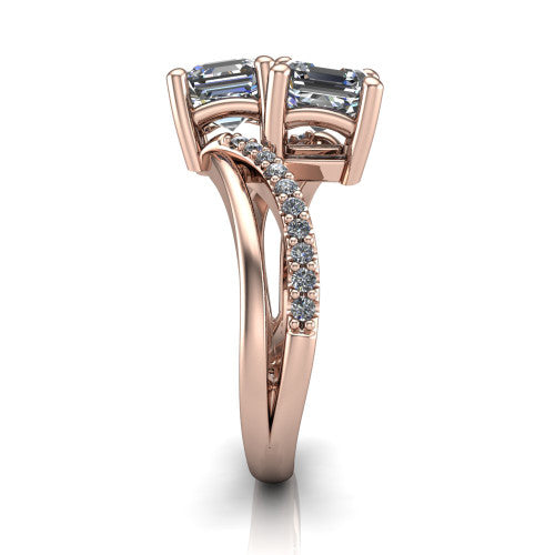 Julieta square emerald three stone engagement ring in 18K Rose Gold, side profile showing the bypass split shank arms with pave diamonds running along both bands