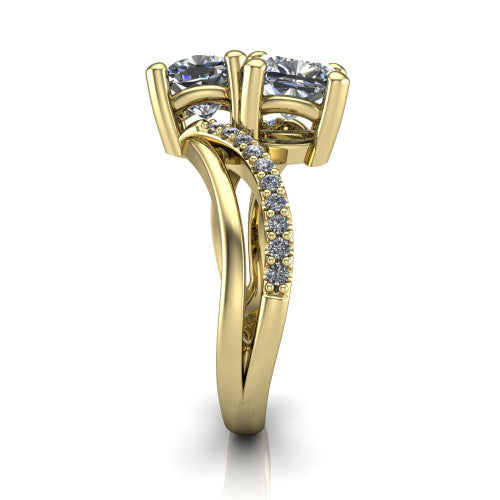 Julieta cushion three stone engagement ring in 14K Yellow Gold, side profile showing the bypass split shank arms with pave diamonds running along both bands