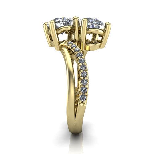 Julieta oval three stone engagement ring in 14K Yellow Gold, side profile showing the bypass split shank arms with pave diamonds running along both bands