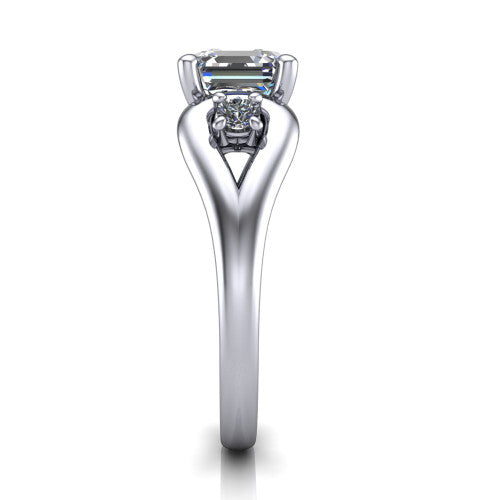 Imani square emerald three stone engagement ring in 14K White Gold, side profile showing the bypass loop shoulders curving through the square side frames and slim polished band