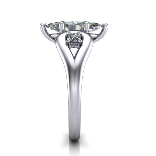 Imani marquise three stone engagement ring in 18K White Gold, side profile showing the bypass loop shoulders curving through the square side frames and slim polished band