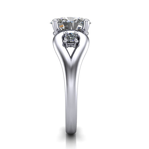 Imani oval three stone engagement ring in 18K White Gold, side profile showing the bypass loop shoulders curving through the square side frames and slim polished band
