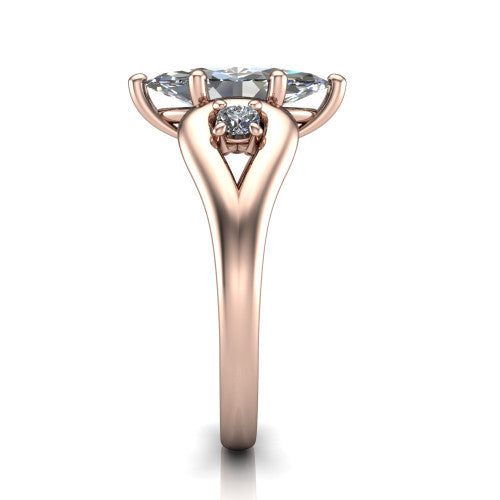 Imani marquise three stone engagement ring in 14K Rose Gold, side profile showing the bypass loop shoulders curving through the square side frames and slim polished band