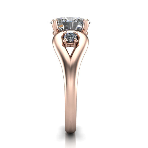 Imani oval three stone engagement ring in 14K Rose Gold, side profile showing the bypass loop shoulders curving through the square side frames and slim polished band