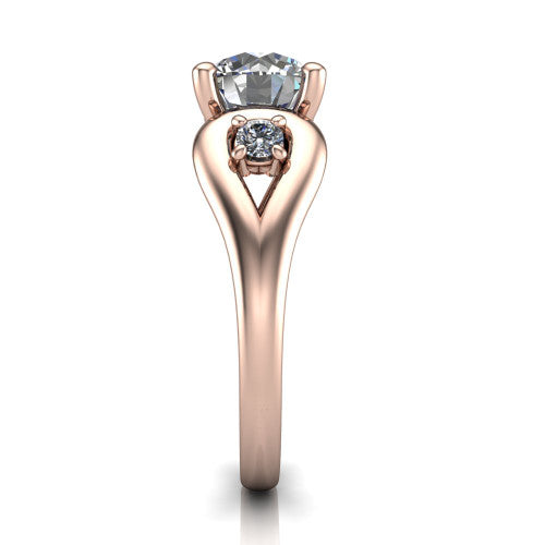 Imani round three stone engagement ring in 18K Rose Gold, side profile showing the bypass loop shoulders curving through the square side frames and slim polished band