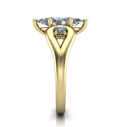 Imani marquise three stone engagement ring in 18K Yellow Gold, side profile showing the bypass loop shoulders curving through the square side frames and slim polished band