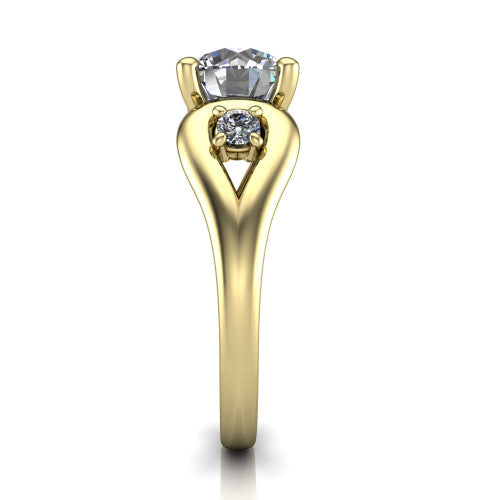 Imani round three stone engagement ring in 18K Yellow Gold, side profile showing the bypass loop shoulders curving through the square side frames and slim polished band