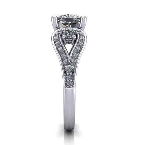 Jennifer cushion three stone engagement ring in 14K White Gold, side profile showing the pave teardrop side frame, cathedral lift, and pave split shank