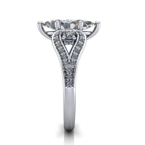 Jennifer marquise three stone engagement ring in 18K White Gold, side profile showing the pave teardrop side frame, cathedral lift, and pave split shank