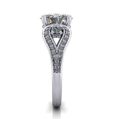 Jennifer oval three stone engagement ring in 18K White Gold, side profile showing the pave teardrop side frame, cathedral lift, and pave split shank