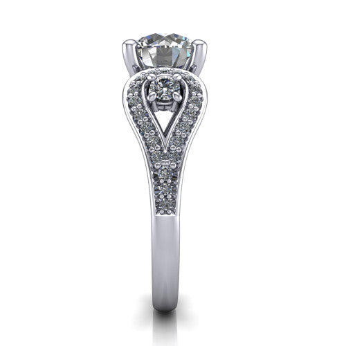 Jennifer round three stone engagement ring in 14K White Gold, side profile showing the pave teardrop side frame, cathedral lift, and pave split shank