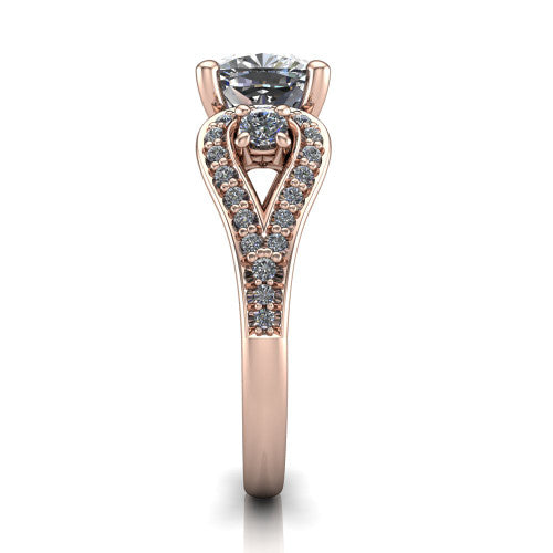 Jennifer cushion three stone engagement ring in 14K Rose Gold, side profile showing the pave teardrop side frame, cathedral lift, and pave split shank