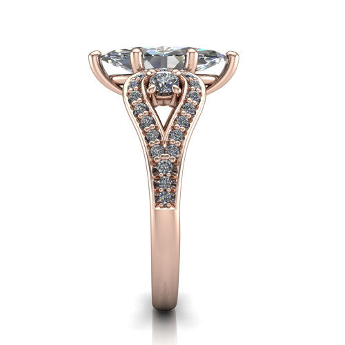 Jennifer marquise three stone engagement ring in 18K Rose Gold, side profile showing the pave teardrop side frame, cathedral lift, and pave split shank
