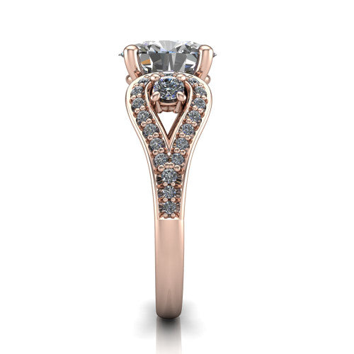 Jennifer oval three stone engagement ring in 14K Rose Gold, side profile showing the pave teardrop side frame, cathedral lift, and pave split shank