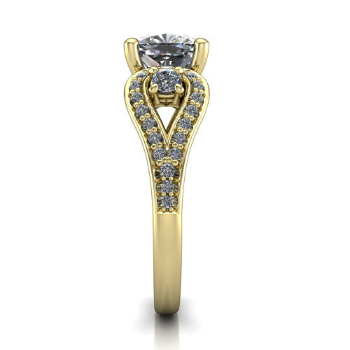 Jennifer cushion three stone engagement ring in 14K Yellow Gold, side profile showing the pave teardrop side frame, cathedral lift, and pave split shank