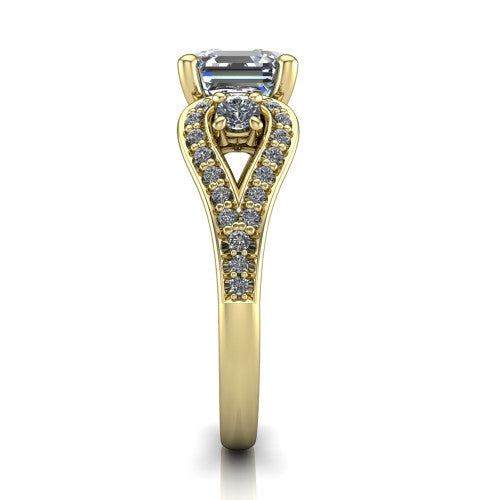 Jennifer square emerald three stone engagement ring in 14K Yellow Gold, side profile showing the pave teardrop side frame, cathedral lift, and pave split shank