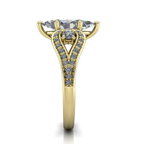 Jennifer marquise three stone engagement ring in 14K Yellow Gold, side profile showing the pave teardrop side frame, cathedral lift, and pave split shank