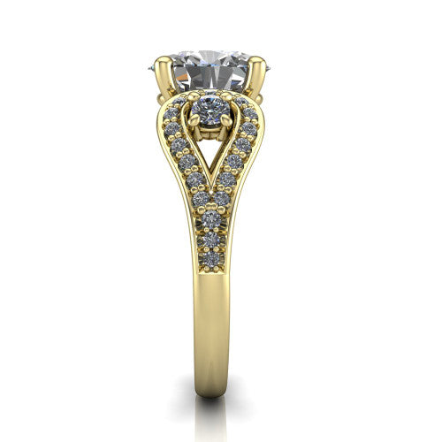 Jennifer oval three stone engagement ring in 14K Yellow Gold, side profile showing the pave teardrop side frame, cathedral lift, and pave split shank