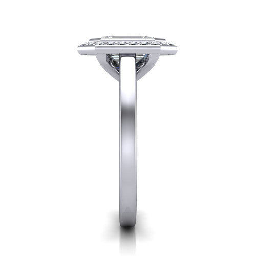 Rosie emerald halo bezel-set engagement ring in 18K White Gold — side profile showing the bezel-set emerald-cut center stone, halo silhouette, and slim cathedral shank
