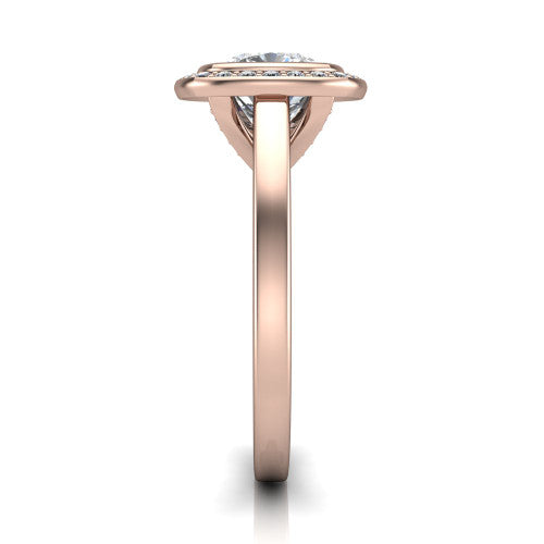 Rosie cushion halo bezel-set engagement ring in 14K Rose Gold — side profile showing the bezel-set cushion-cut center stone, halo silhouette, and slim cathedral shank