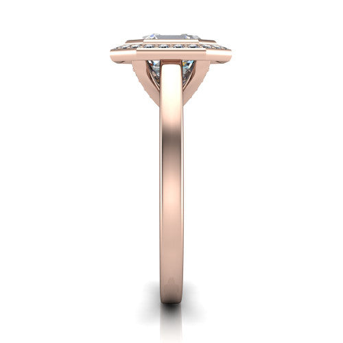 Rosie square emerald halo bezel-set engagement ring in 18K Rose Gold — side profile showing the bezel-set square emerald-cut (Asscher-style) center stone, halo silhouette, and slim cathedral shank