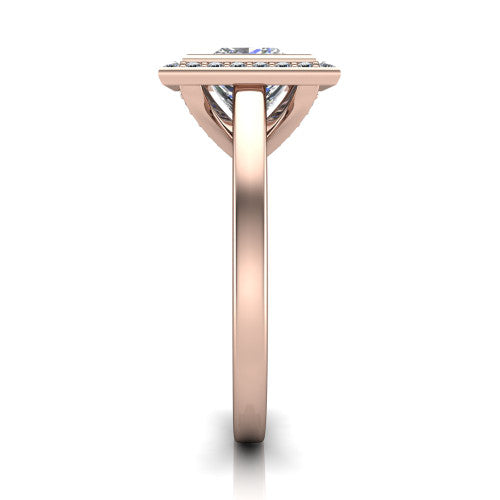 Rosie princess halo bezel-set engagement ring in 14K Rose Gold — side profile showing the bezel-set princess-cut center stone, halo silhouette, and slim cathedral shank
