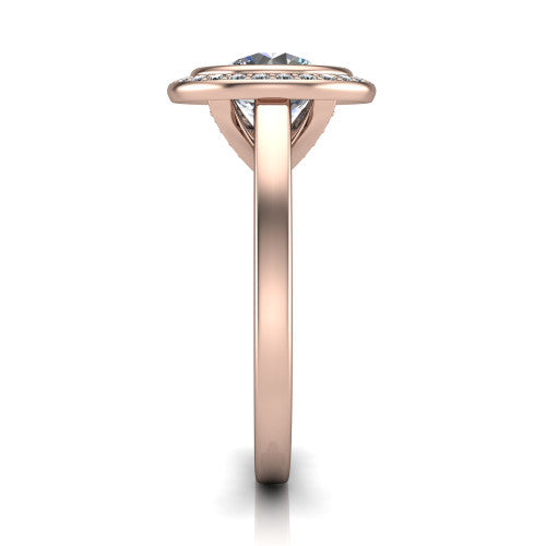 Rosie round halo bezel-set engagement ring in 14K Rose Gold — side profile showing the bezel-set brilliant round center stone, halo silhouette, and slim cathedral shank