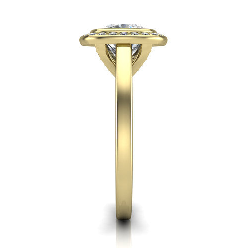 Rosie cushion halo bezel-set engagement ring in 14K Yellow Gold — side profile showing the bezel-set cushion-cut center stone, halo silhouette, and slim cathedral shank