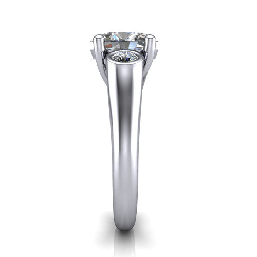 Rory oval three stone engagement ring in 14K White Gold, side profile showing the bezel side stones and polished band